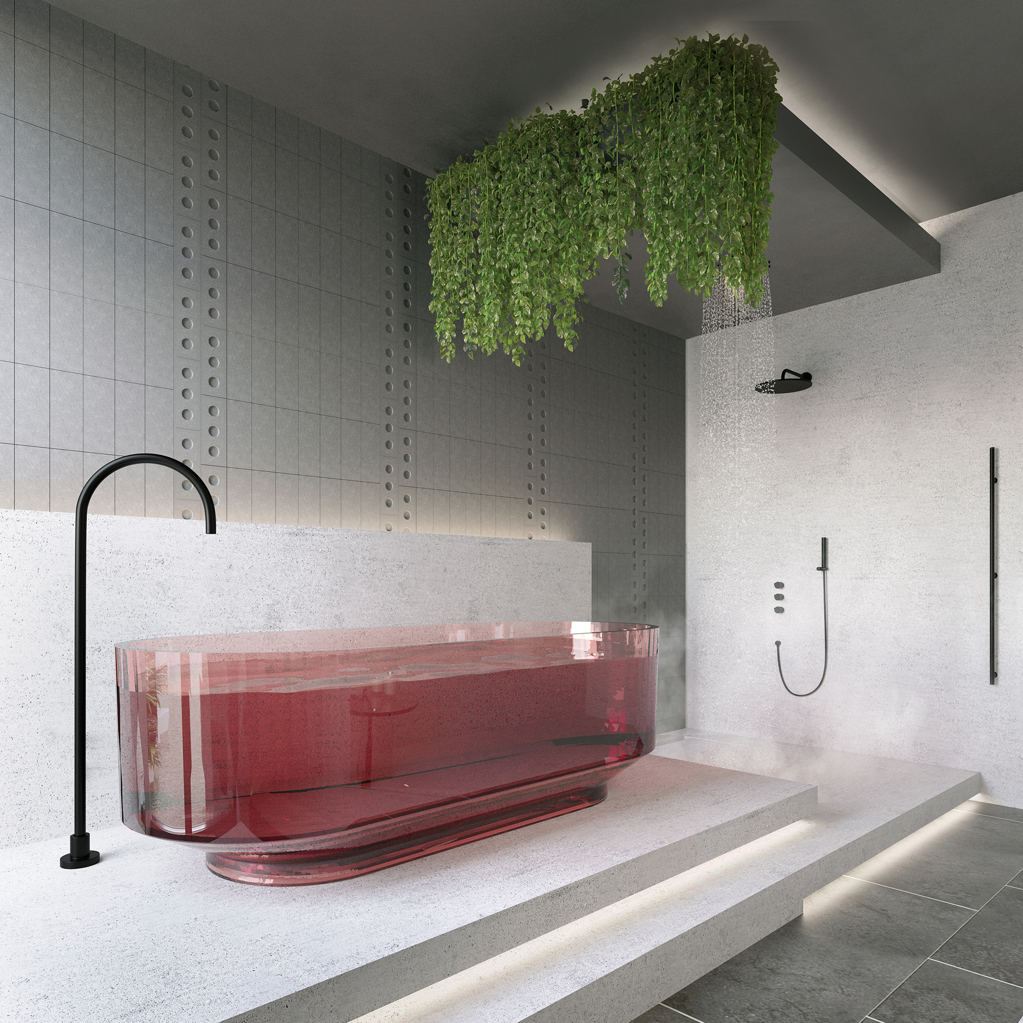 Bauhaus Bathroom Design, Modern Bathroom Design, Glass Bathtub, Red Bathtub. Bathroom Design London