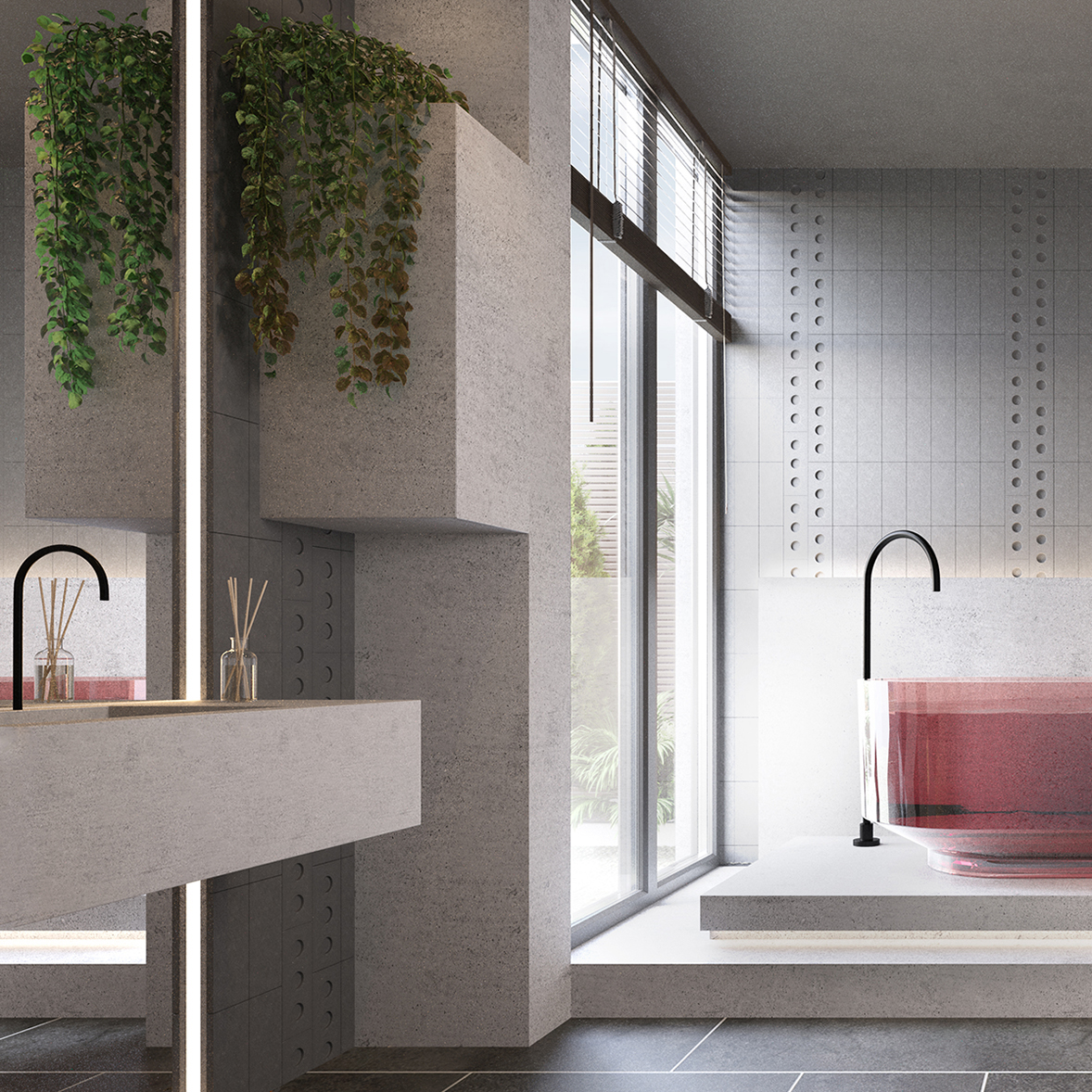 Bauhaus Bathroom Design, Modern Bathroom Design, Glass Bathtub, Red Bathtub. Bathroom Design London