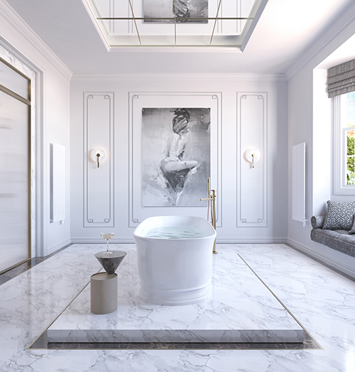 Luxurious bathroom featuring a raised bathtub on a platform, surrounded by White Calacatta Marble slabs on the walls and floor, with a recessed ceiling and ceiling mirror for an airy feel.
